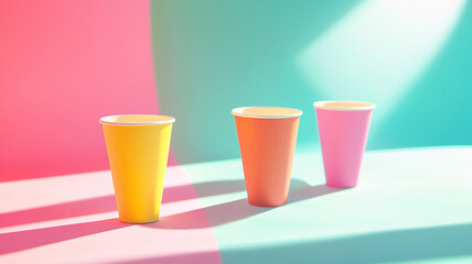 Three Colorful Paper Cups on Gradient Background