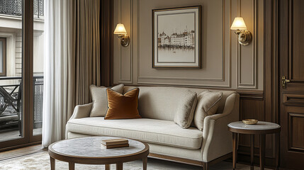 Fototapeta premium Stylish living room in beige tones featuring sofa and elegant decor