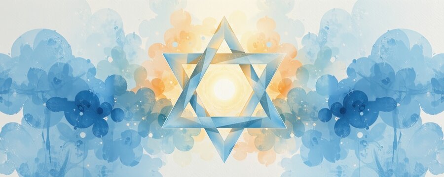 A blue Star of David is centered among abstract watercolor floral patterns and radiant light, creating a harmonious, spiritual atmosphere.