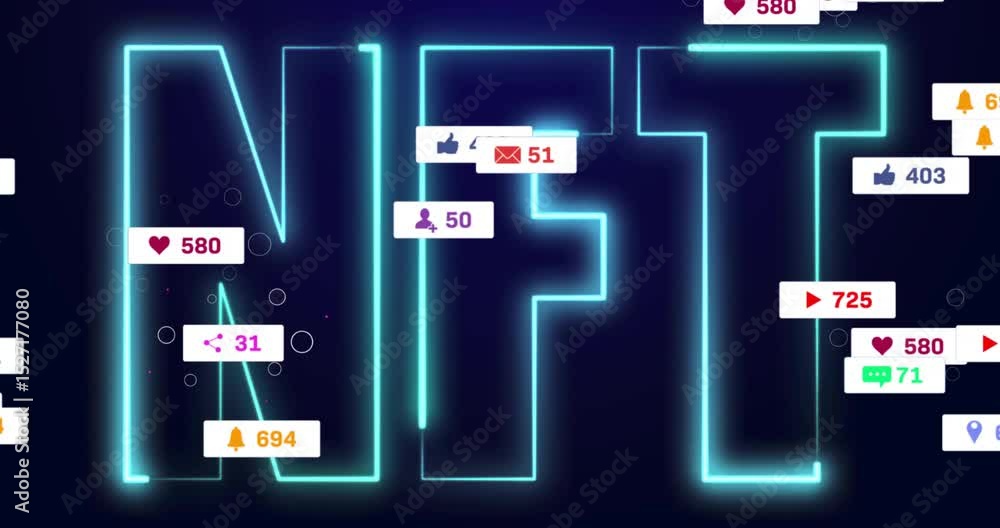 Poster floating cyan particles converging to form nft, causing icons rising then fading to show engagement