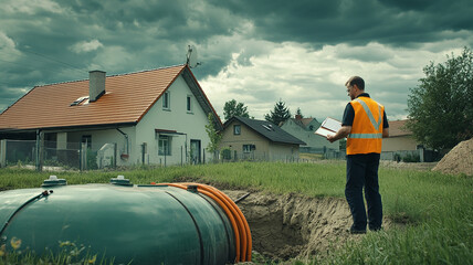 Technician Examining Septic Tank Installation near House