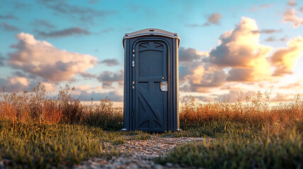 Portable Toilet in Field at Sunset