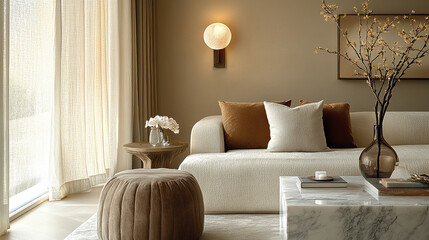 Stylish living room in beige tones with cozy sofa and elegant decor