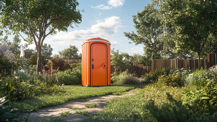 Orange Porta Potty on Lawn