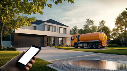 Modern House with Orange Septic Truck and Smartphone