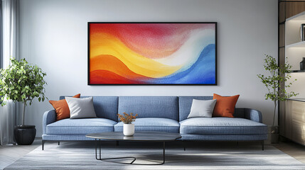 modern living room featuring stylish blue sofa, vibrant abstract wall art, and decorative plants