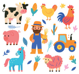Set of farm animals and farm elements with food and vehicle illustration