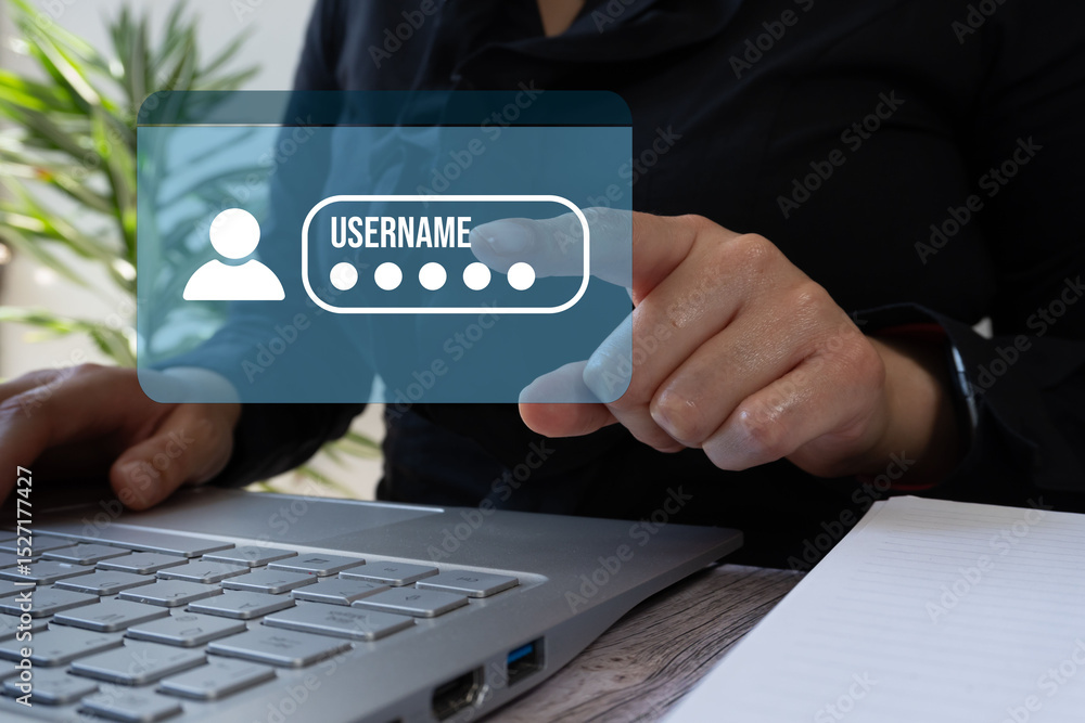 Poster username site login concept, a person at a computer, pointing at the username icon of a web page or 