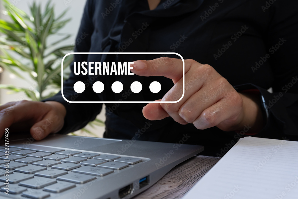 Poster username site login concept, a person at a compute, points to the username icon of a web page or app