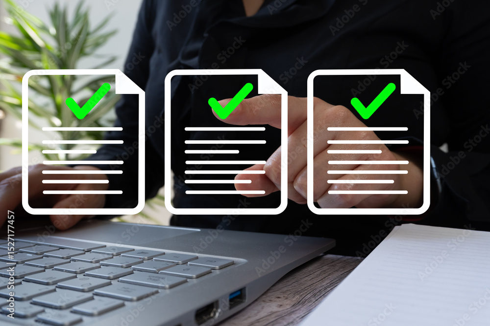 Poster a businesswoman at a computer points to a document with a green check mark.