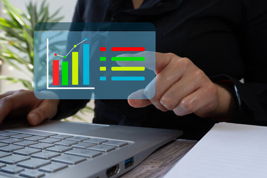 Business data analytics search concept, a woman , at a compute, pointing at a window with statistics