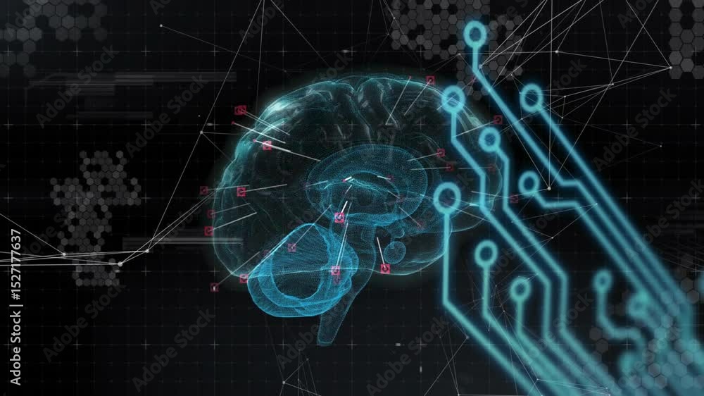 Poster upon activation holographic brain rotating with nodes pulsing circuit glitch lines scanning data