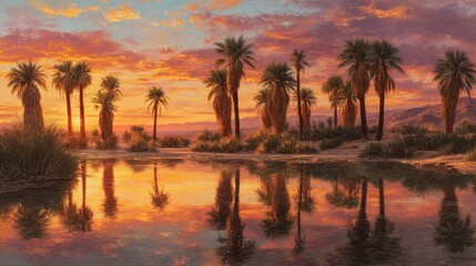 Golden hour landscape with palm trees and reflections