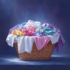 Overflowing Laundry Basket  Colorful Clothes  Flowers  Soft Lighting  Domestic Scene