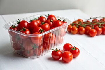 Fresh cherry tomatoes in a clear container with vine tomatoes on a white wooden surface