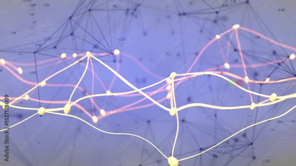 Poster yellow and pink network curves entering left edge, undulating pulsing nodes illustrating data flow