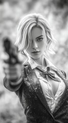 Anime Girl  Manga Style  Pistol  Black and White  Dramatic Pose  School Uniform  Cinematic