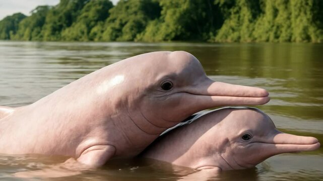 Mother and baby pink river dolphins swimming in the Amazon River, video AI genereted