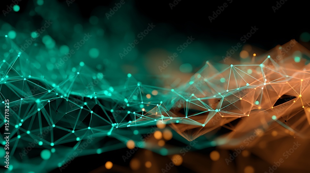 Poster digital network plexus abstract technology background with turquoise and orange connections on black