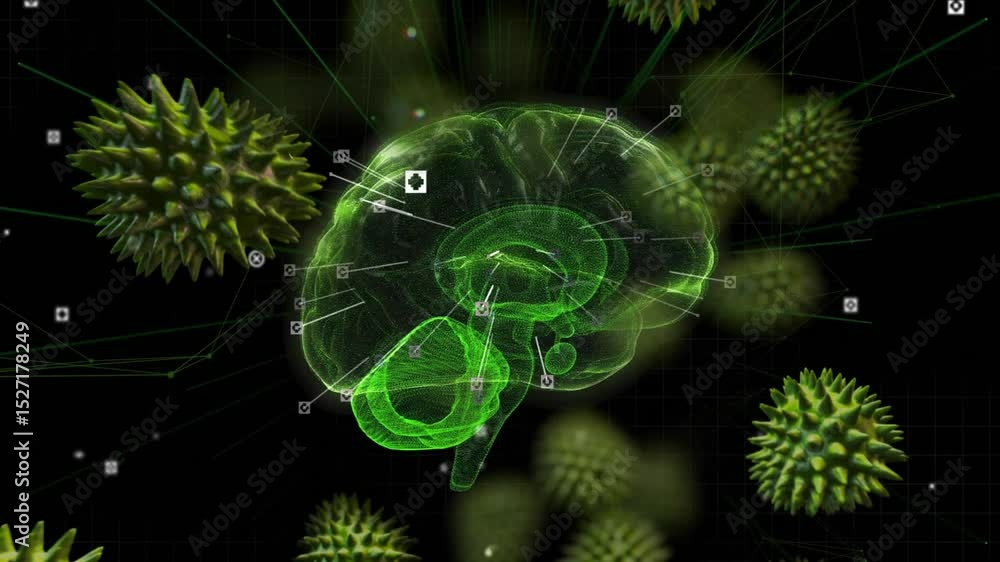 Poster on launch scientific brain model rotating and mapping pathogens with pointer lines labeling regions