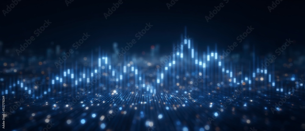 Poster abstract data analytics futuristic cityscape with glowing bar charts