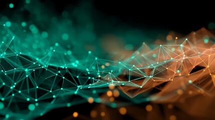 Digital Network Plexus Abstract Technology Background with Turquoise and Orange Connections on Black Backdrop