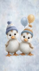 Adorable Ducklings in Winter Hats with Balloons
