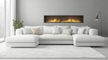 cozy white corner sofa near modern fireplace creates warm atmosphere