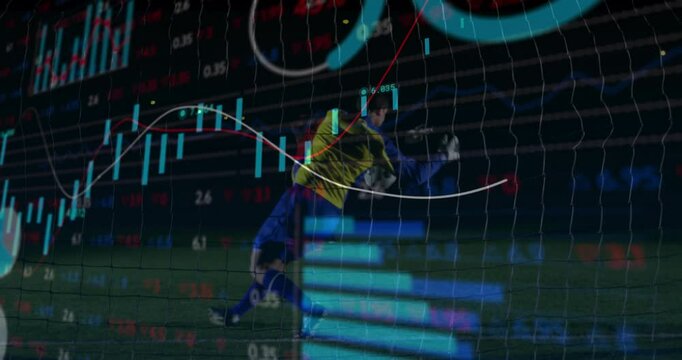 soccer forward dribbling  and  shooting goal while keeper diving as financial charts pulsing