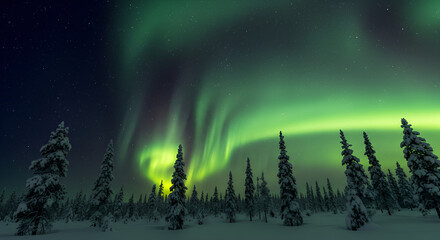 Naklejka premium Stunning Aurora Borealis Display Over Snow-Covered Pine Trees in Remote Winter Wilderness at Night