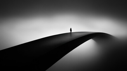 Solitary figure on a curved bridge, enveloped in mist