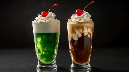 Two creamy ice cream sodas; one green, one coffee, topped with whipped cream and cherries.