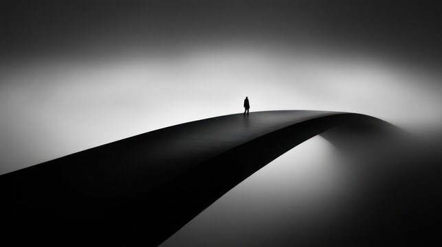 Solitary figure on a curved bridge, enveloped in mist