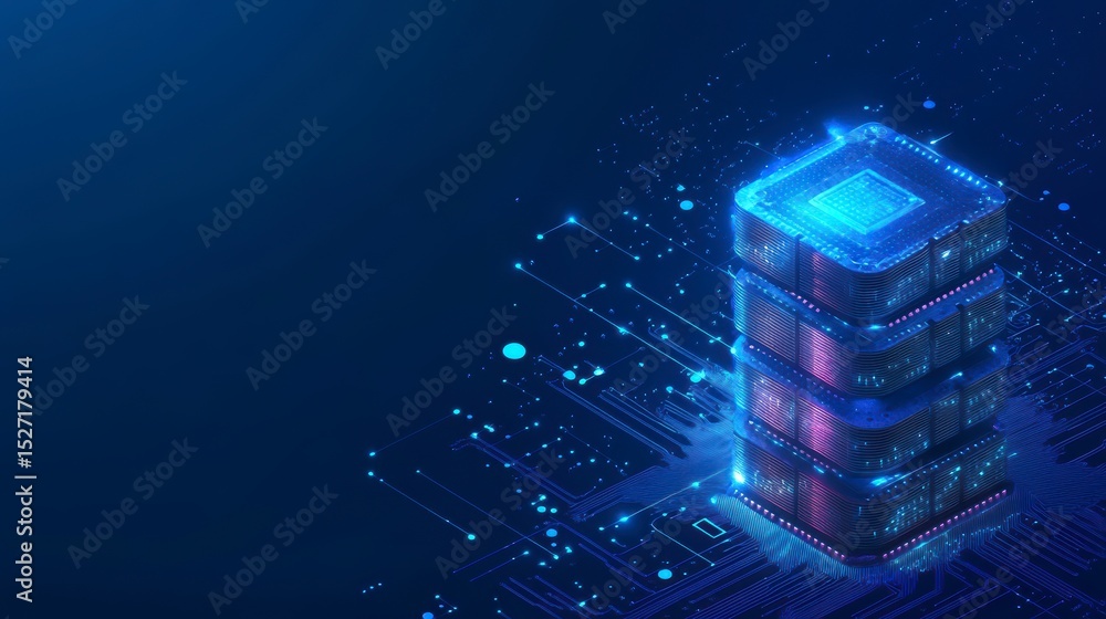 Aufkleber futuristic data server tower glowing on circuit board.