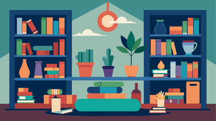 Find a quiet corner in the retreat centers library surrounded by shelves of books on mindfulness and wellness and use it as your designated work space.. Vector illustration