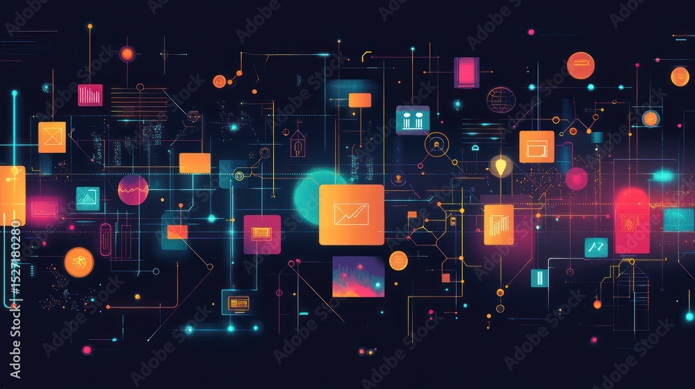 Aufkleber abstract digital network interface, interconnected icons, dynamic system