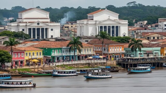 View of parintins amazonas brazil cityscape with boats and buildings travel photography scenery video 4k