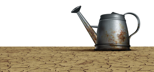 Water Scarcety and drought climate disaster as a Heat Wave or heatwave and hot weather with soaring temperatures and extreme temperature as a dried watering can with no moisture in the spout 