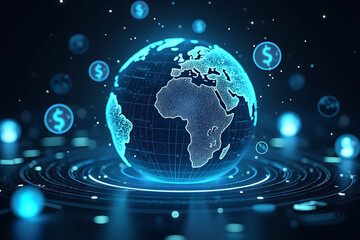 Global Finance, Money Exchange. modern3D Rotating Globe with Currency Symbols  digital aesthetic. AI-generated