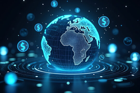  Global Finance, Money Exchange. modern3D Rotating Globe with Currency Symbols  digital aesthetic. AI-generated