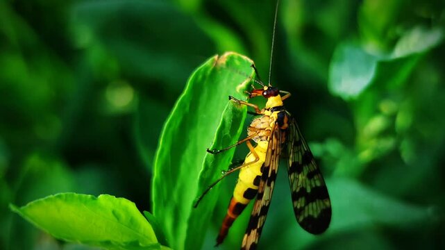 insect scorpionfly (Mecoptera) on green plants at dawn, artistic light, close-up, macro