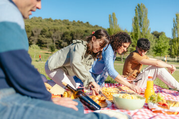 Family having fun eating and playing together during a picnic lunch in a sunny park