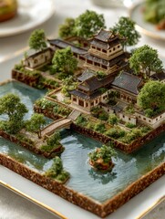 Fototapeta premium Miniature Chinese Cityscape Clay Model Asian Architecture Lakeside Scene Peaceful Gard