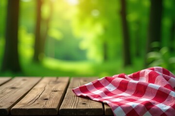 Old wooden table, red and white gingham cloth, blurred forest backdrop, forest, texture