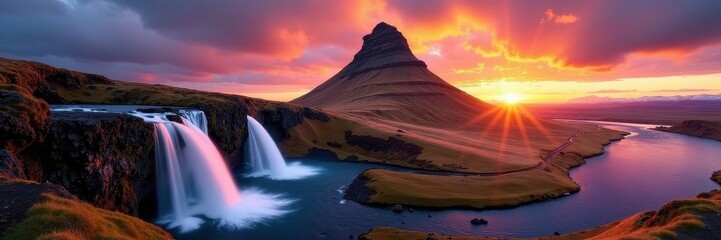 Dramatic sunset illuminates Kirkjufellsfoss cascading down Kirkjufell , picturesque scenery, golden light