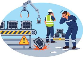 Fototapeta premium Production line malfunction causes potential damage to engine parts during automated manufacturing process in industrial factory cartoon isometric