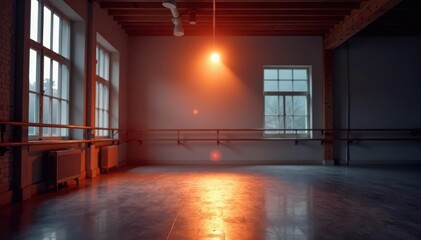 Single spotlight illuminates empty ballet studio, barre in focus , ballet, stillness, empty space