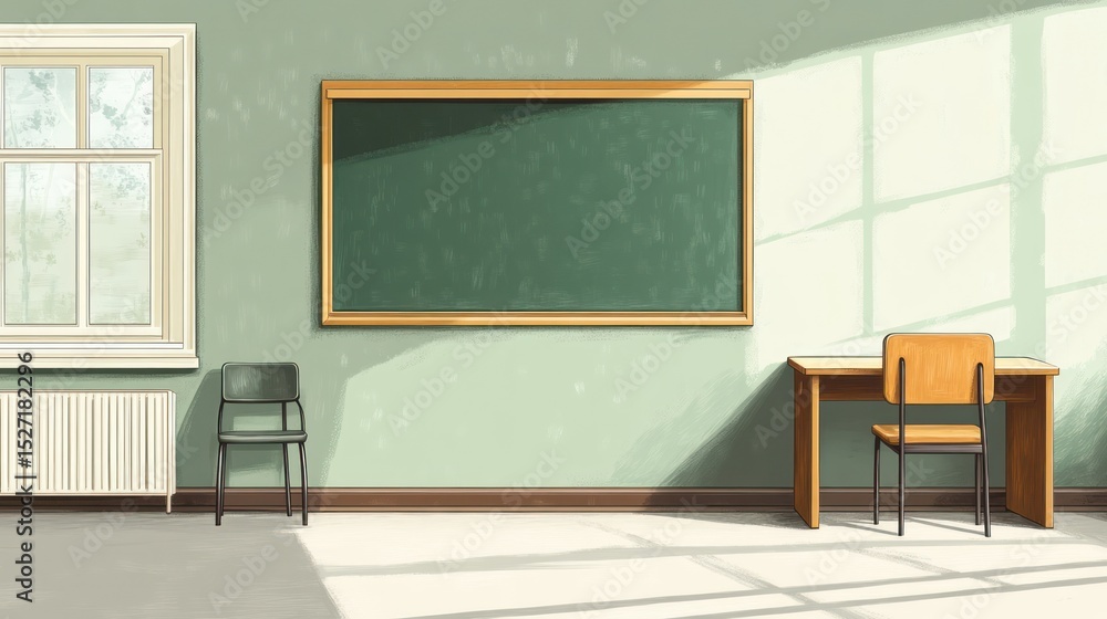 Poster empty classroom with chalkboard and desk, sunlight streaming in. possible use for educational stock 