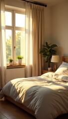 Sunlight streams into bright bedroom, happy morning, window, energy