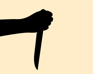 Silhouette of hand holding knife concept. Icon of gesture people grab sharp object. Vector illustration.